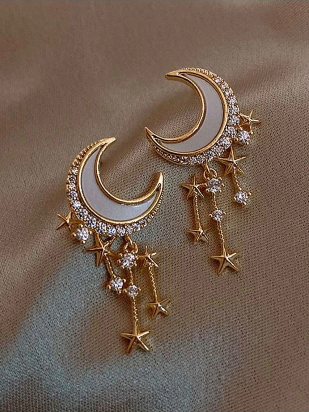 Crescent Moon Star Dangle Earrings Gold & White